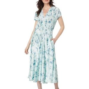 Vince Floral Blue-Green Crushed Cap-Sleeve Midi Dress in Pale Lagoon Size M